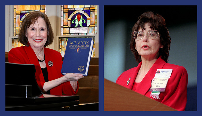 En la foto se muestra a Raquel Martínez, en La Iglesia Metodista Unida La Trinidad en San Antonio en 2021 (izquierda) y en la Conferencia General de 1996 en Denver (derecha), donde dirigió a los/as delegados/as en el canto de Mil Voces Para Celebrar. Martínez editó el himnario en español y el vitral que se muestra en la foto de la izquierda, está dedicado a ella por el papel que desarrollo en la edición de este himnario. Fotos de la izquierda cortesía del Rev. John Feagins (izquierda) y foto de la derecha de Mike DuBose, Noticias MU.