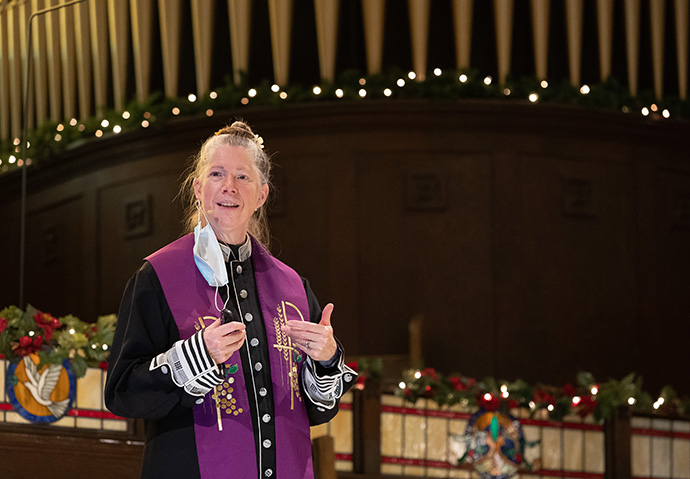 The Rev. Ruth Marsh gives the sermon during Sunday worship at Trinity United Methodist Church in Idaho Falls. “I tell folks that I used to have this sweet 50-hour-a-week job as pastor,” Marsh said. “I put another 50-hour-a-week job on top of that, running the day shelter.” Photo by Mike DuBose, UM News.
