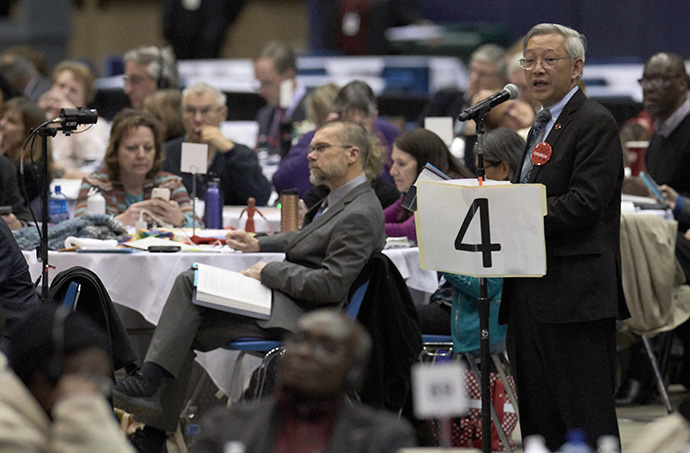 The Rev. Jeffrey Kuan addresses the 2019 United Methodist General Conference in St. Louis. Kuan served as a delegate at that conference, and he continues as president of Claremont School of Theology. File photo by Paul Jeffrey, UM News.