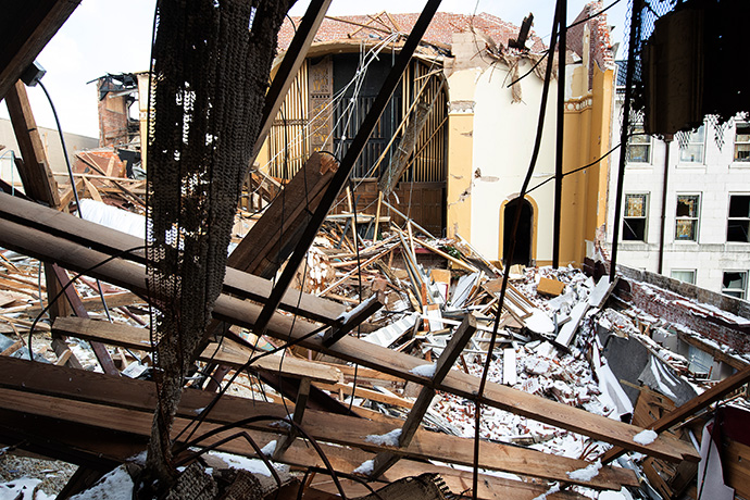 The sanctuary at First United Methodist Church in Mayfield lies in ruins after a tornado collapsed the church roof. Photo by Mike Dubose, UM News.