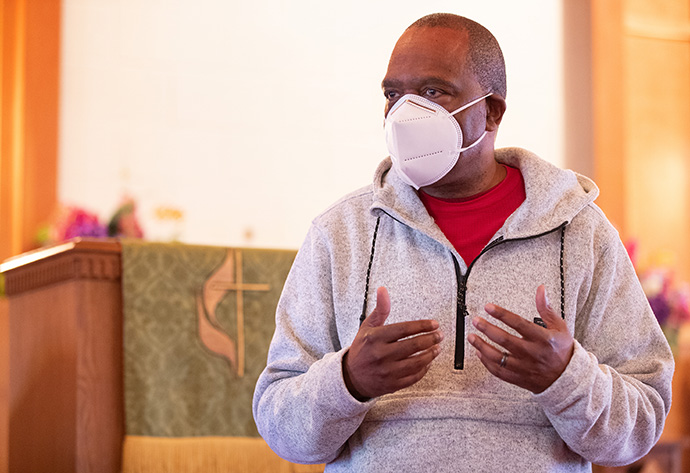 Kentucky Conference Bishop Leonard Fairley welcomes church leaders and disaster response workers to a recovery planning meeting at Dawson Springs (Ky.) United Methodist Church. The area was heavily damaged in a December 2021 tornado. Photo by Mike Dubose, UM News.