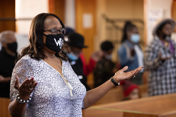 Semetta Coure joins in prayer during the benediction Feb. 6 at John Wesley United Methodist Church in Nashville, Tenn. The church is celebrating Black History Month. Photo by Mike DuBose, UM News.