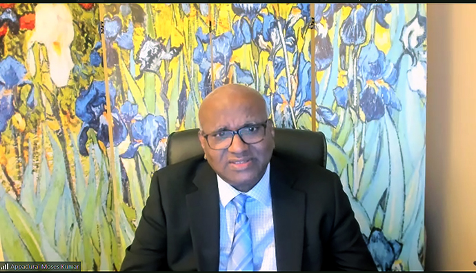 The Rev. Moses Kumar, top executive of the General Council on Finance and Administration, speaks to the finance agency’s board during its Feb. 18 meeting. Kumar said general agencies are adjusting to the financial challenges facing the denomination. Image courtesy of the General Council on Finance and Administration via ZOOM, by UM News.