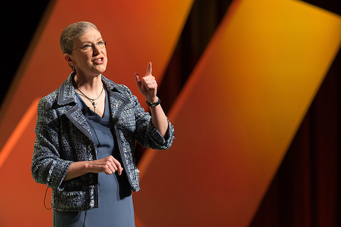 Harriett Jane Olson gives closing remarks at the United Methodist Women Assembly 2018 in Columbus, Ohio. Olson is top executive of the organization for women in The United Methodist Church, now known as United Women in Faith. File photo by Mike DuBose, UM News.