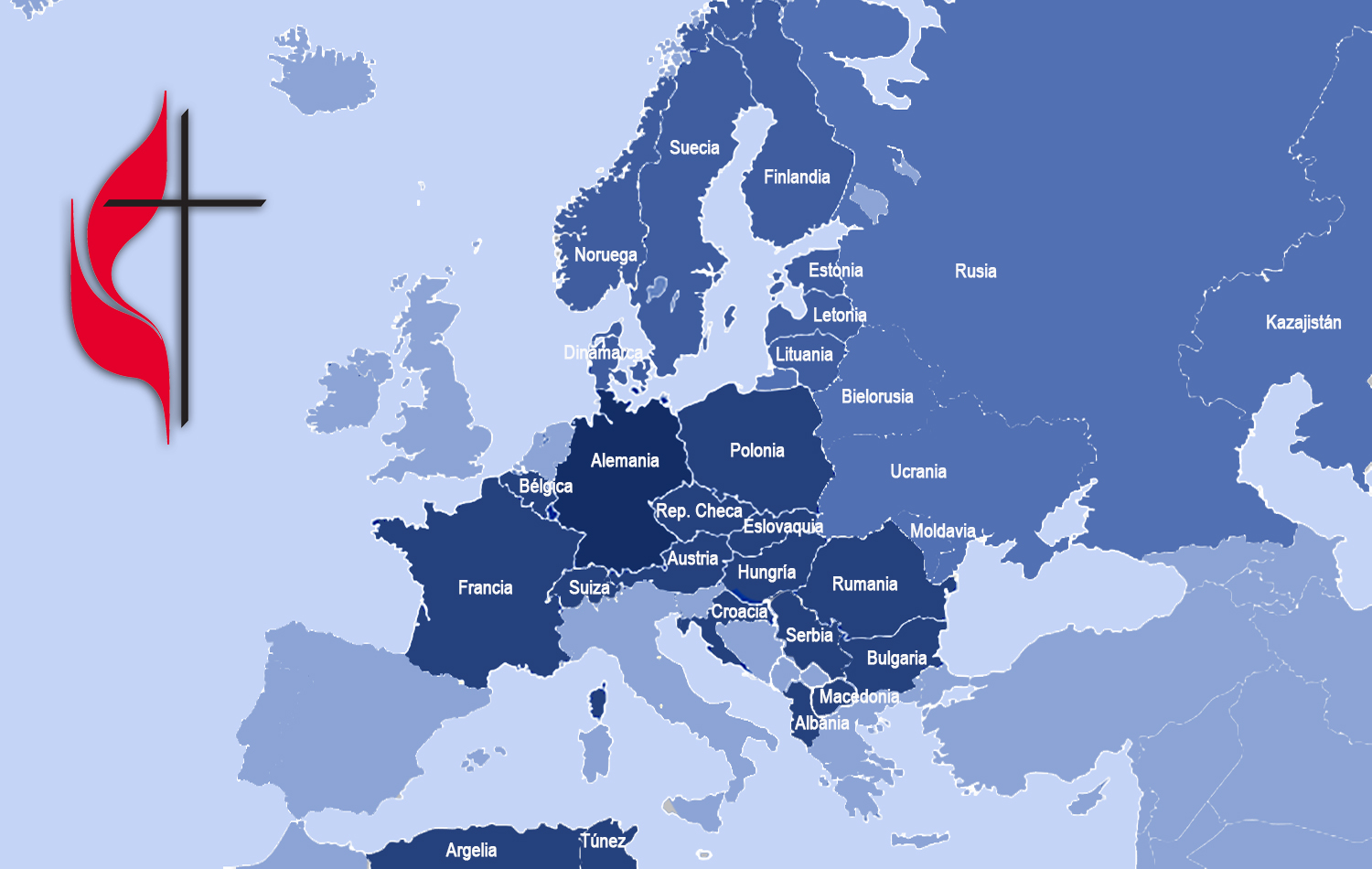 Mapa de las Conferencias Centrales de Europa. Actualmente, el continente cuenta con tres conferencias centrales: Europa Central y Meridional que tiene un área episcopal, siete conferencias anuales y ministerio en 16 países (Polonia, Austria, Rep. Checa, Eslovaquia, Suiza, Francia, Croacia, Albania, Bélgica, Macedonia, Rumania, Bulgaria, Hungría, Serbia, Argelia y Túnez); Alemania que tiene un área episcopal, tres conferencias anuales y ministerio en un país (Alemania); Norte de Europa y Eurasia que tiene dos áreas episcopales, 10 conferencias anuales y ministerio en 14 países (Rusia, Ucrania, Bielorrusia, Moldavia, Letonia, Lituania, Estonia, Finlandia, Suecia, Noruega, Dinamarca, Kazajistán, Kurdistán y Tayikistán). Grafico Rev. Gustavo Vásquez, Noticias MU.