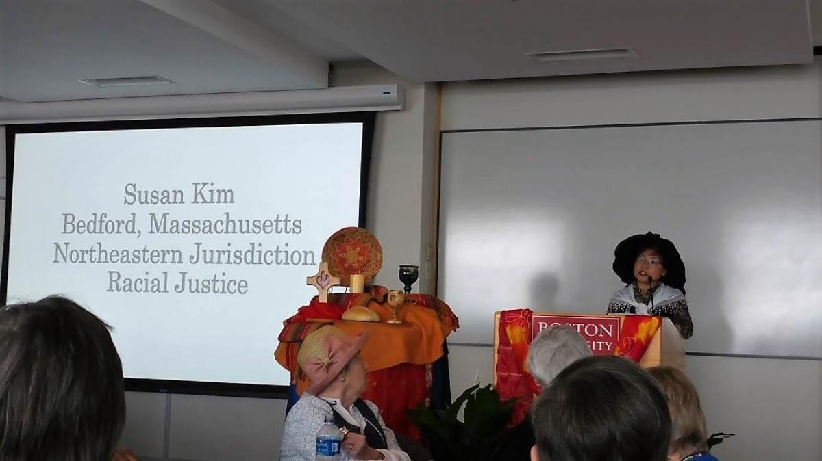 김성실 권사가 2019년 3월 23일 보스턴 대학에서 열린 연합감리교 여선교회 150주년을 기념하는 축하 행사에서 발표하고 있다. 사진 제공, 김성실 권사.