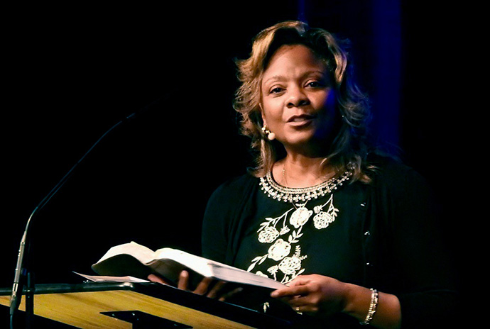 The Rev. Angela Pleasants preaches at the May 7 Global Gathering of the Wesleyan Covenant Association. Pleasants, who serves as the WCA’s vice president for clergy and church relations, has withdrawn from The United Methodist Church and is among the first clergy members of the new Global Methodist Church. She will be joining that denomination’s staff. Photo by Sam Hodges, UM News.