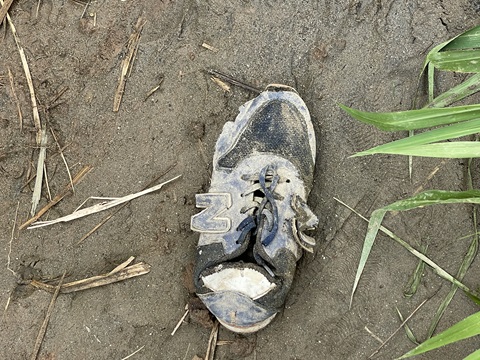 En las riveras del río Suchiate se pueden encontrar prendas de vestir, restos de comida, mochilas y muchas otras muestras que quedan al paso de los migrantes que cruzan constantemente las aguas desde Guatemala hasta México, para seguir su camino al interior del país y a la frontera norte con los EE.UU.. Foto Rev. Gustavo Vásquez, Noticias MU.    