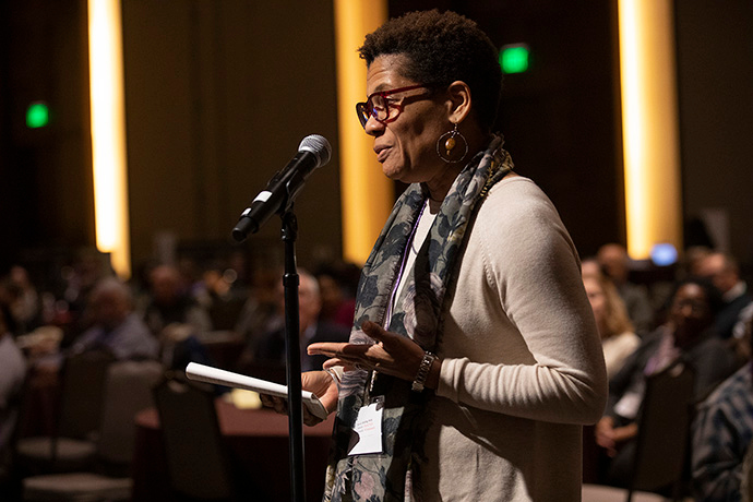 The Rev. Autura Eason-Williams addresses the 2020 Pre-General Conference Briefing in Nashville, Tenn. Eason-Williams, a district superintendent in what is now the Tennessee-Western Kentucky Conference, was killed July 18 afternoon in an apparent carjacking. File photo by Kathleen Barry, UM News.