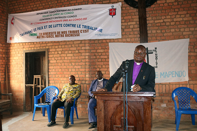 United Methodist Bishop Gabriel Yemba Unda urges the church to help seek the restoration of peace in Eastern Congo during a “peace caravan” in Tunda, Congo. As part of its 100-year celebration, the church organized a caravan of peace to reflect on the Social Principles and encourage peace in the region. Photo By Philippe Kituka Lolonga, UM News.