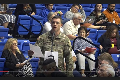 The Rev. Andrew C. Kjorlaug, an Arkansas Conference elder and U.S. Army chaplain, presents a resolution at the Arkansas Annual Conference that calls on the state’s congressional delegation to act on “Responsible Fire-Arm legislation.” In a year that has seen multiple mass shootings, Arkansas was among a number of United Methodist conferences urging elected leaders to do more to regulate guns. Screengrab courtesy of the Arkansas Conference via YouTube by UM News. The Rev. Andrew C. Kjorlaug, an Arkansas Conference elder and U.S. Army chaplain, presents a resolution at the Arkansas Annual Conference that calls on the state’s congressional delegation to act on “Responsible Fire-Arm legislation.” In a year that has seen multiple mass shootings, Arkansas was among a number of United Methodist conferences urging elected leaders to do more to regulate guns. Screengrab courtesy of the Arkansas Conference via YouTube by UM News.