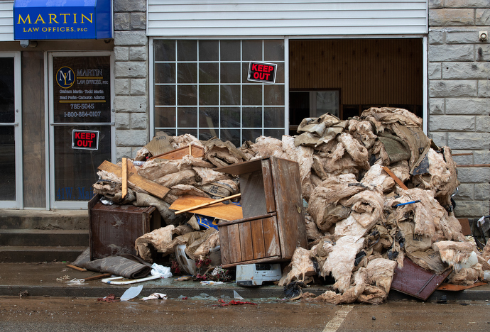 Offices and businesses along West Main Street in Hindman, Ky., suffered heavy damage in the flooding that struck the area in late July. Photo by Mike DuBose, UM News.