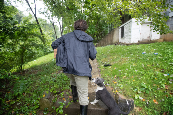 Volunteer Lisa Cox searches for an address in rural Garner, Ky., while delivering relief supplies for flood survivors gathered by Hindman (Ky.) United Methodist Church. Photo by Mike DuBose, UM News.