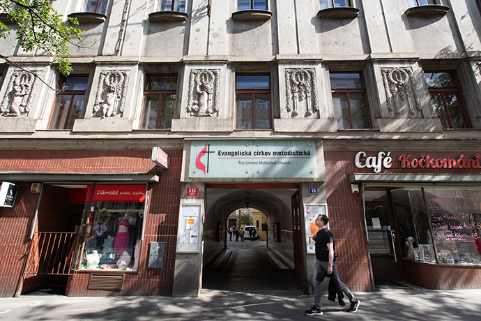 Two United Methodist congregations, known collectively as Prague 2, share this building, just a few blocks from the Vlatava River, in Prague. The Czech-speaking congregation is called Nové Město (New Life) and the Russian-speaking congregation is Agapé. Photo by Mike DuBose, UM News. 