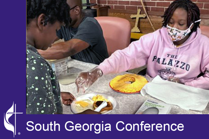 eritage at Houston United Methodist Church's breakfast ministry, named Scrambled Eggs for Jesus, feeds between 60 and 100 people every Sunday in Macon, Ga. Photo courtesy of the South Georgia Conference. eritage at Houston United Methodist Church's breakfast ministry, named Scrambled Eggs for Jesus, feeds between 60 and 100 people every Sunday in Macon, Ga. Photo courtesy of the South Georgia Conference.