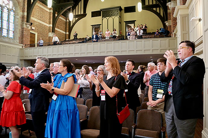 A large crowd at a June 13 Celebrate UMC-sponsored event at Huntingdon College in Montgomery, Alabama, rises in applause. Celebrate UMC, which formed in the Alabama-West Florida Conference, is one of a handful of grassroots groups that are making an affirmative case for The United Methodist Church as some congregations decide whether to leave the denomination. Photo courtesy of Celebrate UMC.