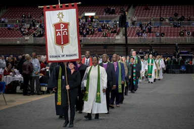 Bishops process into worship at the 2019 special session of the General Conference held in St. Louis. Amid increasing church disaffiliations, bishops are speaking out to address misinformation they say is being spread about The United Methodist Church’s future. File photo by Paul Jeffrey, UM News. Bishops process into worship at the 2019 special session of the General Conference held in St. Louis. Amid increasing church disaffiliations, bishops are speaking out to address misinformation they say is being spread about The United Methodist Church’s future. File photo by Paul Jeffrey, UM News.