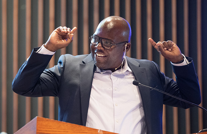The Rev. David Ssebulime preaches about unity during a joint worship service of five ethnically diverse congregations on World Communion Sunday at Hillcrest United Methodist Church in Nashville, Tenn. Ssebulime is the church’s senior pastor.  Photo by Mike DuBose, UM News.