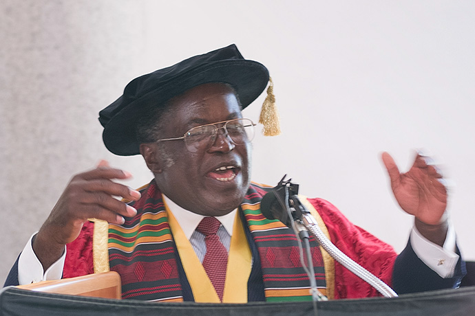 Africa University Vice Chancellor Rukudzo J. Murapa leads celebrants in singing “Happy Birthday” to the school during its 10th anniversary observations in Mutare, Zimbabwe, in 2002. Murapa, Africa University's second vice chancellor, died Oct. 27. He was 82. File photo by Mike DuBose, UM News.