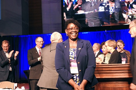 The Rev. Delores "Dee" Williamston acknowledges applause after her election to the United Methodist Episcopacy at the South Central Jurisdictional Conference in Houston on Nov. 2. Photo by Sam Hodges, UM News.