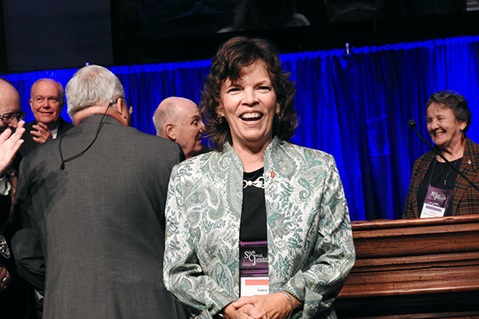 The Rev. Laura Merrill accepts congratulations from delegates at the Nov. 2 United Methodist South Central Jurisdictional Conference in Houston. Photo by Sam Hodges, UM News.
