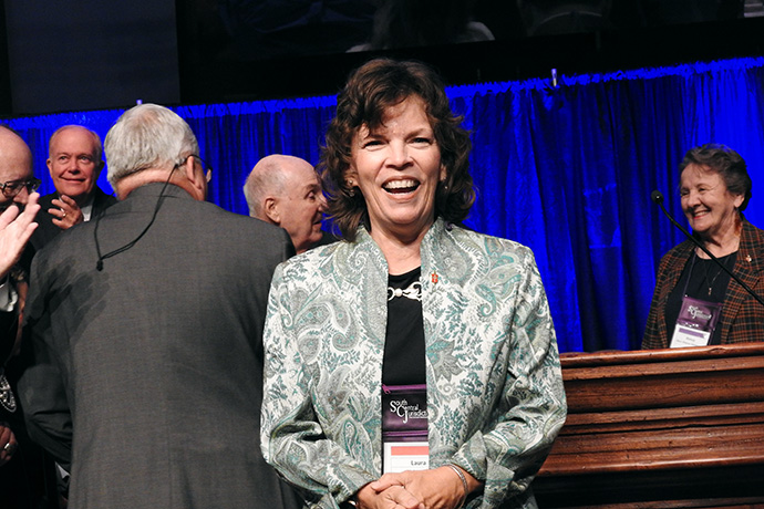 The Rev. Laura Merrill accepts congratulations from delegates at the Nov. 2 United Methodist South Central Jurisdictional Conference in Houston. Photo by Sam Hodges, UM News.