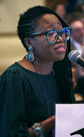 Shandon Klein, lay delegate of the North Texas Conference, speaks on a resolution under consideration at the South Central Jurisdictional Conference meeting in Houston on Nov. 3. Photo by Todd Rossnagel, Louisiana Conference.