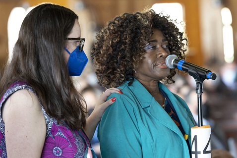 The Rev. Sharon Austin, a candidate for bishop from the Florida Conference, is supported by another delegate during the Southeastern Jurisdictional Conference meeting in Lake Junaluska, N.C. Austin withdrew her candidacy Nov. 3 and described the process as “humiliating.” Two United Methodist jurisdictions on opposite sides of the U.S. grappled with the problem of racism in their midst. Photo by Ben Smith, Southeastern Jurisdiction.
