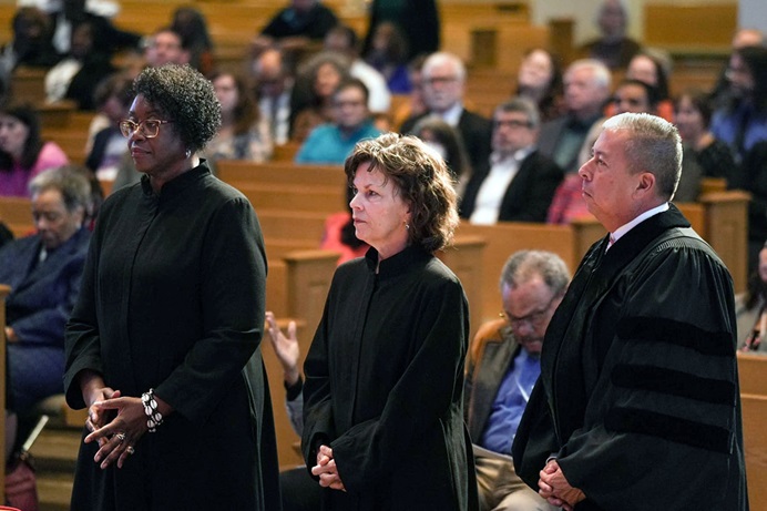 In an episcopal election that saw several firsts, the Rev. Delores Williamston (left), the first Black female bishop elected to the South Central Jurisdiction; the Rev. David Wilson (right), the first Native American bishop in The United Methodist Church; and the Rev. Laura Merrill stand during their consecration service. The South Central Jurisdiction’s service of consecration was Nov. 5 at Houston First United Methodist Church. Photo courtesy of the Louisiana Conference via Facebook. In an episcopal election that saw several firsts, the Rev. Delores Williamston (left), the first Black female bishop elected to the South Central Jurisdiction; the Rev. David Wilson (right), the first Native American bishop in The United Methodist Church; and the Rev. Laura Merrill stand during their consecration service. The South Central Jurisdiction’s service of consecration was Nov. 5 at Houston First United Methodist Church. Photo courtesy of the Louisiana Conference via Facebook.