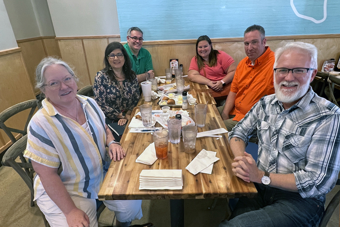 Some pastors in the Texas Conference’s Northwest District are working through the newly created Oasis Network to support those who want to stay United Methodist though their church has chosen to disaffiliate. Helping with the effort are (from left to right) the Revs. Susan Smith, Ingrid Beguiristain, Adam Muckelroy, Kimberly Carney, T.J. Gabelman and Jimmy Calvert. Photo by the Rev. Charles Anderson. 