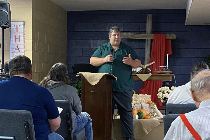 Karl Rockeman speaks during a Oct. 30 chartering conference at Dickinson United Methodist Church, in Dickinson, N.D. When Prairie Winds United Methodist Church in Dickinson chose to disaffiliate in 2021, Rockeman and others who opposed the decision took some time off, then began to worship together. With Dakotas Conference support, they’ve reestablished a United Methodist presence in the community. Photo courtesy of the Dakotas Conference.