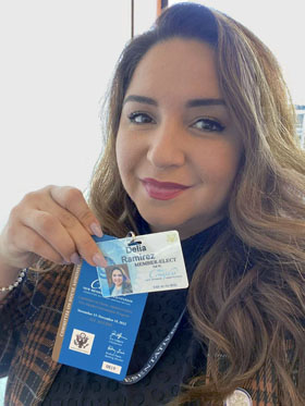 Rep. Delia Ramirez Hernández shows her new credential as a congresswoman before being sworn in on Jan. 7. Ramirez Hernández is one of the youngest in the U.S. Congress and the first Latina to represent Illinois. Photo courtesy of Delia Ramírez.
