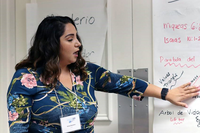 Delia Ramirez leads one of the workshops at the 2019 meeting of the Hispanic-Latino caucus of The United Methodist Church (MARCHA). The newly elected congresswoman grew up attending Humboldt Park United Methodist Church in Chicago and has been a leader in the denomination. File photo by Michelle Maldonado, United Methodist Communications.