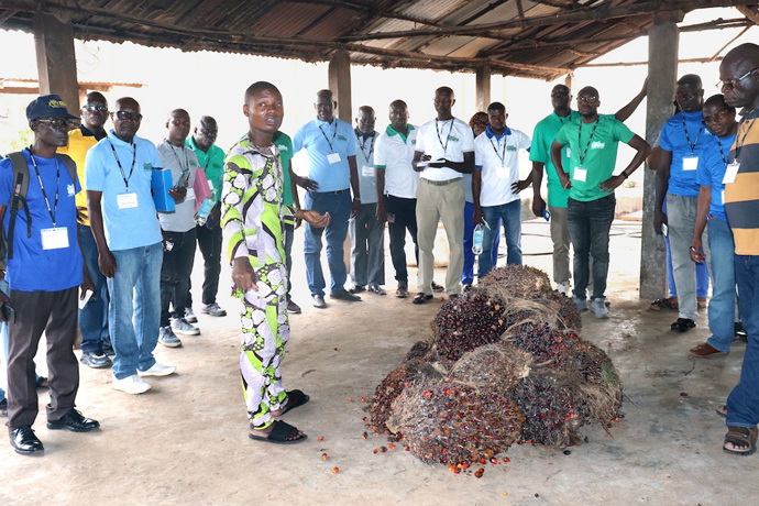 Through interpreter Appolinaire Kolle (center), participants at the Songhai Center in Porto-Novo, Benin, learn from the farm manager how palm oil is processed to ensure maximum benefits from the palm fruits, kernel and even the waste. Every teaching session is followed by hands-on practice. Photo by Phileas Jusu, UM News.