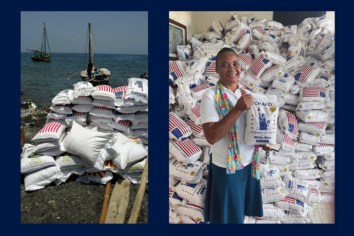 “The largest critical need for Haitians is food,” says David Draeger, Methodist Church of Haiti mission volunteer coordinator. Rice is transported to La Gonave, an island near Haiti’s capital (left). A Methodist Church of Haiti worker holds up a 5-pound sack of rice, part of a shipment in November of 2022 that made it through to the church’s storage area. Photos by David Draeger, Methodist Church of Haiti mission volunteer coordinator.