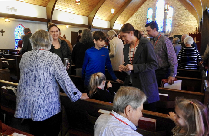 At United Methodist Church of the Pines, the visiting after Sunday services can be prolonged. The new faith community consists of East Texas United Methodists who decided to worship together after their churches left The United Methodist Church. The Rev. Jerry Neff is the volunteer pastor, and Trinity Episcopal Church of Jasper has provided meeting space. Photo by Sam Hodges, UM News.