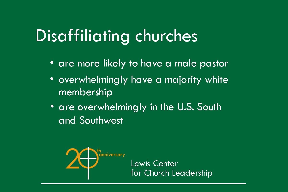 A new Lewis Center for Church Leadership report compares characteristics of disaffiliating churches with those remaining in The United Methodist Church. The report draws on data from the denomination’s General Council on Finance and Administration and other sources. Among the findings is that disaffiliating churches are more likely to have a male pastor and to have a majority white membership. Info courtesy of the Lewis Center for Church Leadership, graphic by Laurens Glass, UM News.
