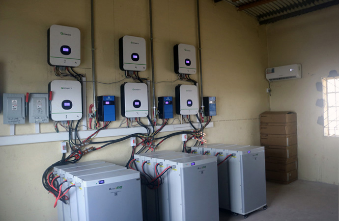 Taiama Enterprise Academy’s solar power control room stores inverters, battery cells and other equipment. The facility now has 24/7 solar-powered electricity, thanks to funding from Operation Classroom, a United Methodist organization supported by U.S. churches in the Indiana Conference. Photo by Phileas Jusu, UM News.