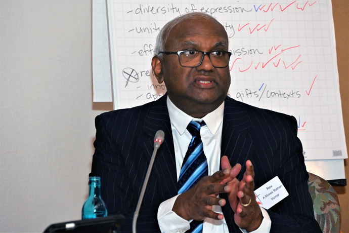 The Rev. Moses Kumar, top executive of The United Methodist Church’s finance agency, tells the Standing Committee on Central Conference Matters about the agency’s plan to send a significantly lower budget to General Conference in 2024. The budget would require a reduction of bishops around the globe. That has bearing on the standing committee’s proposal to add five bishops in Africa. Photo by Klaus Ulrich Ruof, Germany Central Conference.  