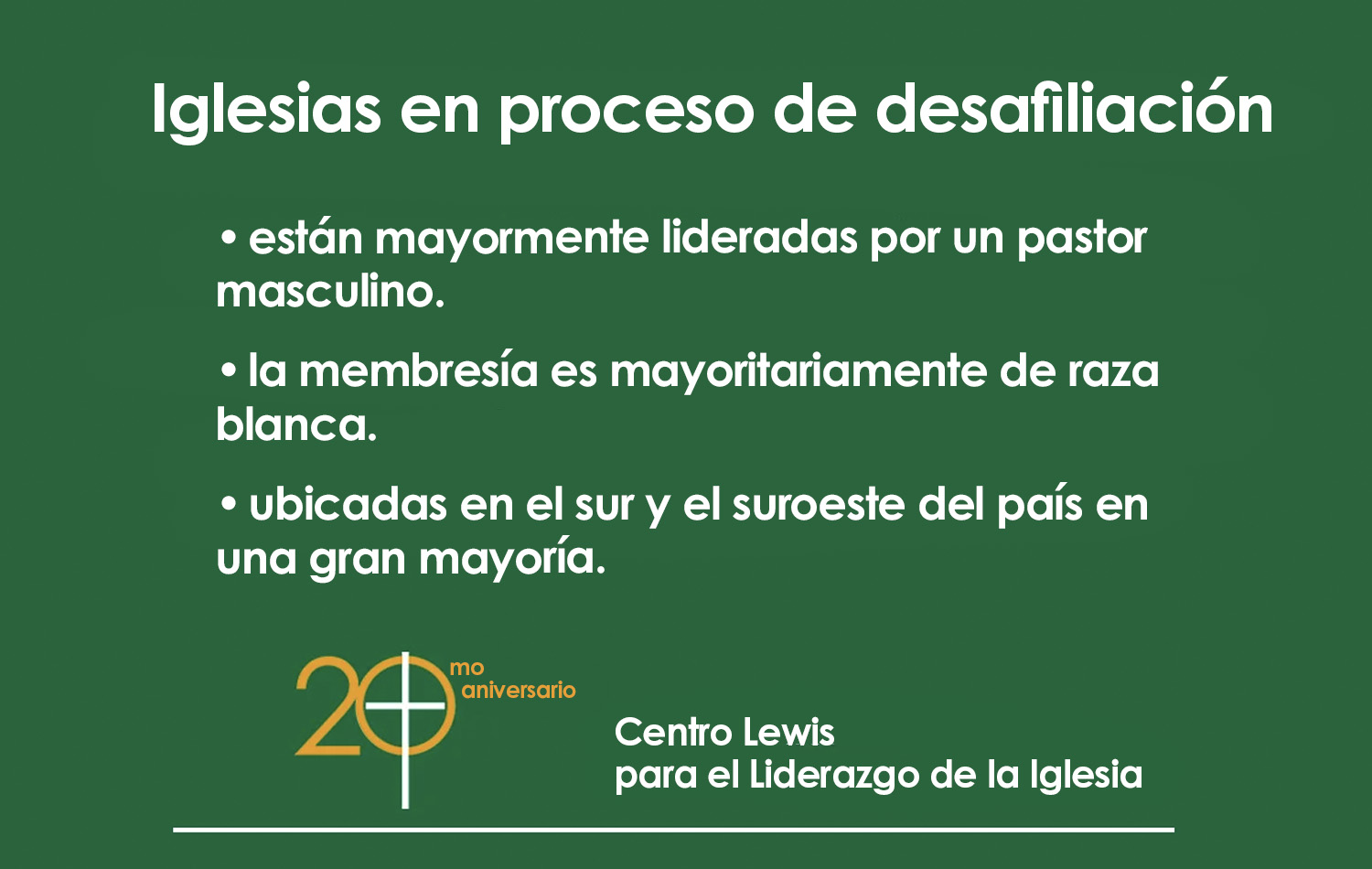 Un nuevo informe del Centro Lewis para el Liderazgo de la Iglesia compara las características de las iglesias desafiliadas con las que permanecen en La Iglesia Metodista Unida. El informe se basa en datos del Concilio General de Finanzas y Administración de la denominación y otras fuentes. Entre los hallazgos se encuentra que es más probable que las iglesias que se desafilien tengan un pastor varón y una membresía mayoritariamente blanca. Información cortesía del Centro Lewis para el Liderazgo de la Iglesia. Gráfico original en inglés de Laurens Glass, versión en español Rev. Gustavo Vasquez, Noticias MU.