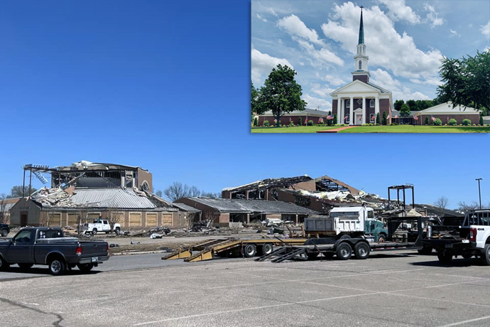 Damage caused by a March 31 tornado is apparent at Wynne First United Methodist Church, in Wynne, Ark. No one was at the church when the twister hit, and the pastor said the effects "could have been so much worse." Photo of damage by Bishop Laura Merrill; inset photo courtesy of Wynne First United Methodist Church.
