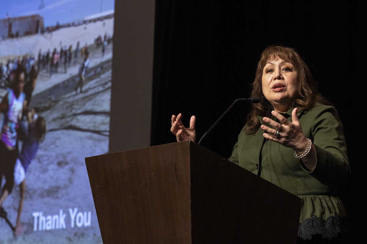 Bishop Minerva Carcaño speaks about the church’s social witness during the 2020 Pre-General Conference Briefing in Nashville, Tenn. The Western Jurisdiction announced that a committee has determined enough evidence exists to bring charges against the bishop to trial. Carcaño has been suspended for more than a year. File photo by Kathleen Barry, UM News.
