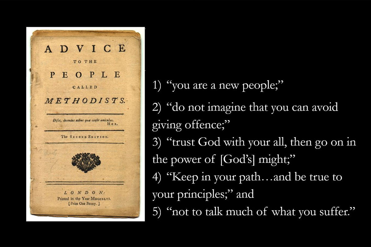 Ashley Boggan, the top executive of the United Methodist Commission on Archives and History, urged the Council of Bishops to do a new thing as John Wesley did. She said the resources of the past, such as Wesley's advice to Methodists, can be used to envision the future. Graphic courtesy of the General Commission on Archives and History.