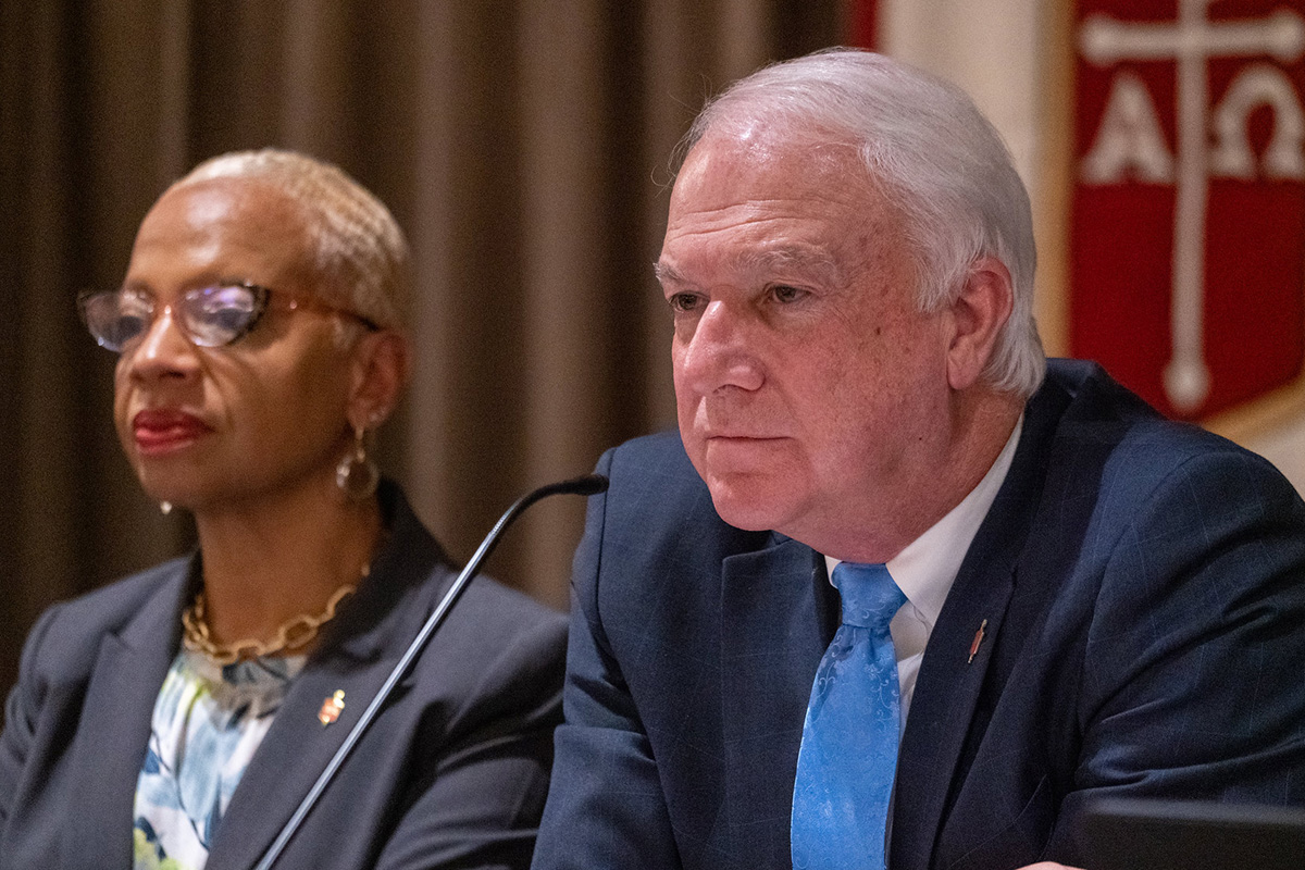 Council of Bishops President Thomas J. Bickerton presides at the bishops’ spring 2023 meeting in Chicago. East Ohio Conference Bishop Tracy Smith Malone, at left, is the Council of Bishops president-designate. The bishops gathered April 29-May 5 for their first in-person meeting since 2019 and took on a variety of issues affecting the future of the denomination. Photo by the Rev. Todd Rossnagel, Louisiana Conference.  