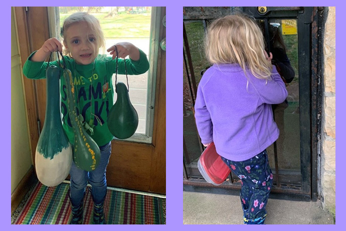 Garden girl Julia Eskridge shows off some of her gourds. During the COVID pandemic, visits to church members and neighbors often took place outside the front door. Photos courtesy of Kay Eskridge.