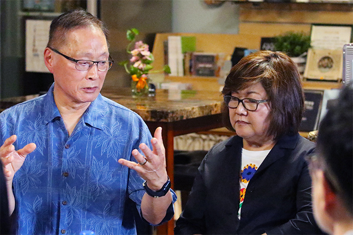 Dr. Sang Chun Lee, left, and Eunsoo Lee shared concerns and hopes for the Mongolia Mission during the May 10-13 Mongolia Mission Initiative Summit in Honolulu. Photo by the Rev. Thomas E. Kim, UM News.
