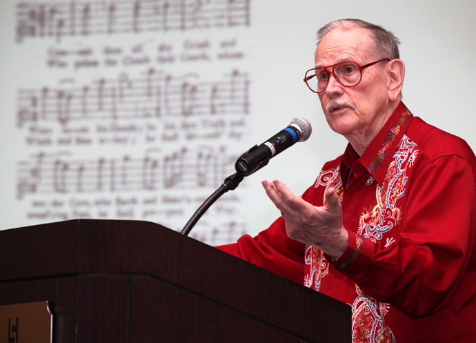 In 2011, the Rev. Carlton R. “Sam” Young was a keynote speaker for Rethinking Worship & Song, an event in Nashville, Tenn. Young died May 21 at age 97. One colleague dubbed him “Mr. Music of United Methodism,” for his work as hymnal editor, composer, arranger and hymnody scholar. File photo by Kathleen Barry, UM News.