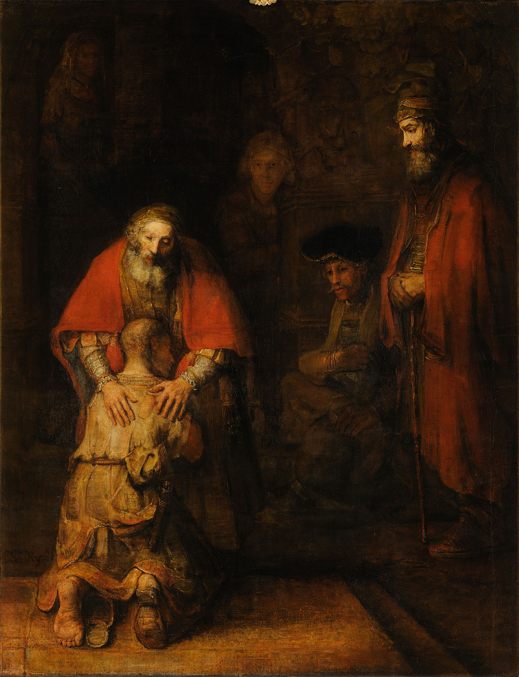 렘브란트가 죽기 직전인 1668~1669경에 그린 것으로 추측되는 “돌아온 탕자(The Return of the Prodigal Son)”의 일부분. 이 그림은 렘브란트의 마지막 유작으로 미완성 작품이며, 현재 러시아 상트페테르부르크의 에르미타주 박물관(Hermitage Museum)에 전시되어 있다. 글에서 인용하는 손과 신발 그리고 검의 모습을 더 명확히 드러내기 위해 그림의 밝기를 조정했다. 그림 사진 출처, 위키피디아.