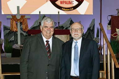 The Rev. Bob Zilhaver (left) is a theological traditionalist and Tracy Merrick is a progressive, but they have worked closely on Western Pennsylvania Conference matters for more than 20 years. That’s continued even in this season of disaffiliations from The United Methodist Church. Photo by the Rev. Rich Pearson, courtesy of the Western Pennsylvania Conference.  The Rev. Bob Zilhaver (left) is a theological traditionalist and Tracy Merrick is a progressive, but they have worked closely on Western Pennsylvania Conference matters for more than 20 years. That’s continued even in this season of disaffiliations from The United Methodist Church. Photo by the Rev. Rich Pearson, courtesy of the Western Pennsylvania Conference.