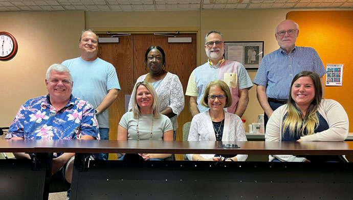 The Western Pennsylvania Conference’s Intentional Missional Alignment Process (IMAP) Task Force proposed detailed legislation to create progressive, traditional and blended “households” for conference churches and clergy to belong to. The legislation was tabled at the conference’s annual gathering, but the IMAP Task Force plans to continue meeting. Members are (front, left to right): The Rev. Bob Zilhaver, Mallory Miles (co-chair), the Rev. Alyce Weaver Dunn, Leah Walls; (back, left to right): Paul Huey (co-chair), the Rev. Renee' Mikell, Roger White, Tracy Merrick. Photo courtesy of the Western Pennsylvania Conference. 